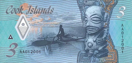 Billet de 3 dollars des Îles Cook en polymère - Nymphe chevauchant le requin 2021