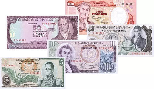 Billet de banque de 5 à 100 pesos colombiens 1978-1991