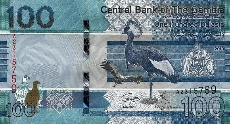 Billet de 100 dalasis de Gambie, grue couronnée, 2019