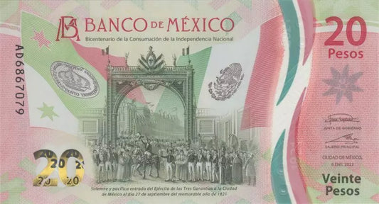 Billet de 20 pesos mexicains commémorant le 200e anniversaire de l'indépendance et l'année 2021 du Mexique