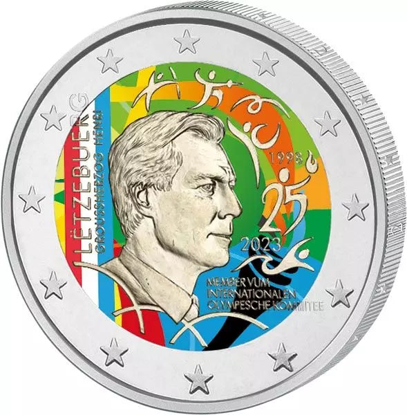 Pièce de 2 euros Luxembourg 25e anniversaire de l'entrée d'Henri au Comité olympique 2023 avec application couleur