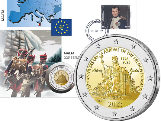 Enveloppe numismatique de 2 euros, Malte, 225e anniversaire de l'arrivée des Français, 2023