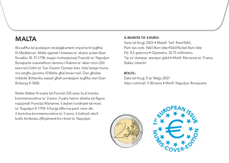 Enveloppe numismatique de 2 euros, Malte, 225e anniversaire de l'arrivée des Français, 2023