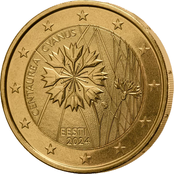Pièce commémorative estonienne de 2 euros « Bleuet » 2024, édition premium entièrement plaquée or