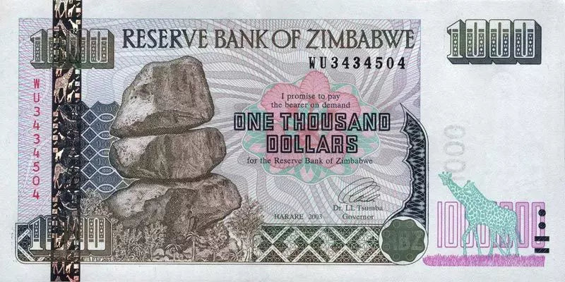Billet de 1 000 dollars du Zimbabwe Chiremba 2003