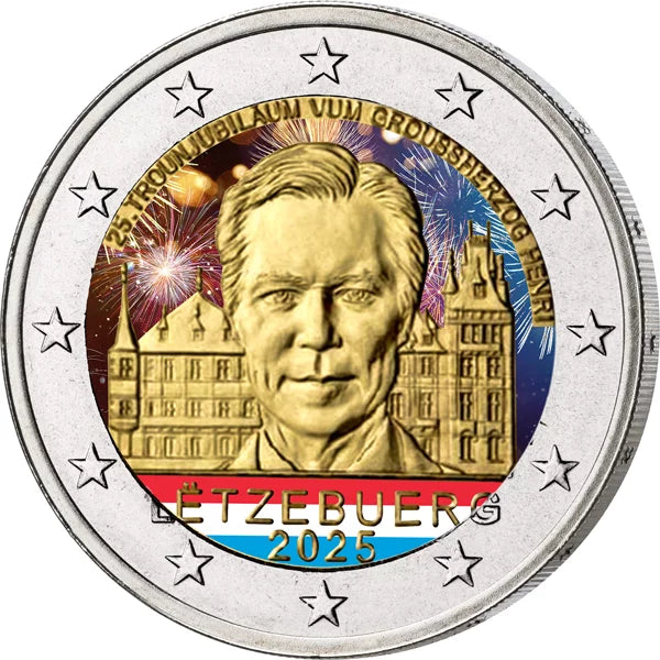 Pièce de 2 euros luxembourgeoise commémorant le 25e anniversaire de l'accession au trône du grand-duc Henri en 2025 (application couleur)