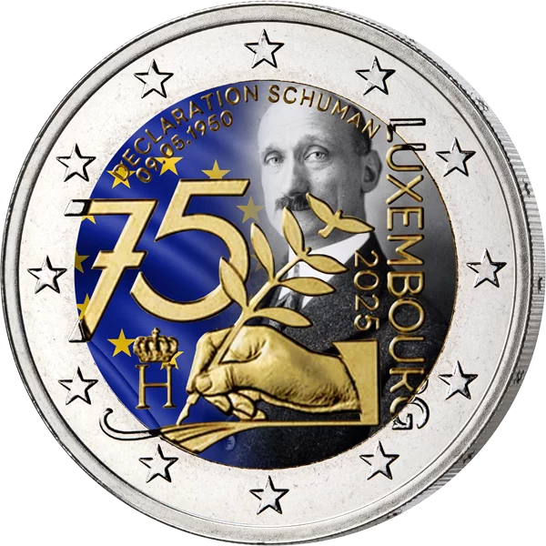 Pièce de 2 euros Luxembourg 75e anniversaire de la Déclaration Schuman 2025 avec application en couleur