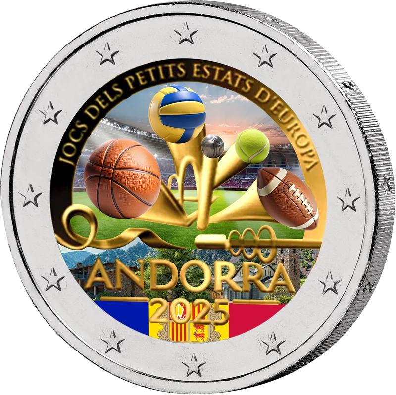 2 Euro Andorre Jeux des Petits États d'Europe 2025 avec application couleur