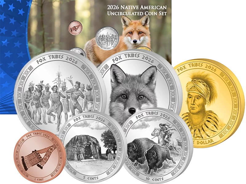 Série de pièces de monnaie amérindiennes de 1 cent à 1 dollar, représentant le renard (2026)