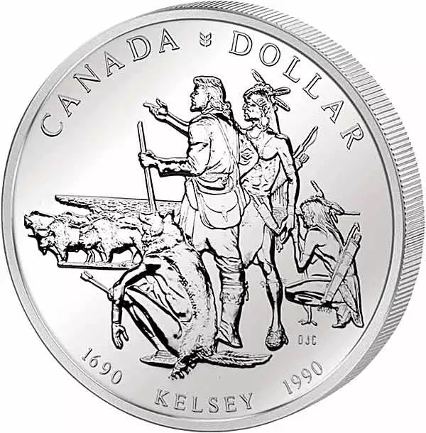 Pièce de 1 dollar canadien, chasseur de fourrures Kelsey, 1990, épreuve