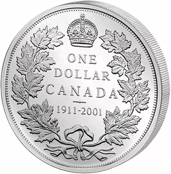 Pièce de 1 dollar canadien en argent de 90 ans, émise de 1911 à 2001