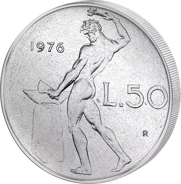 50 Lire Italie Dieu du Feu Vulcanus sur l'enclume 1954-1989
