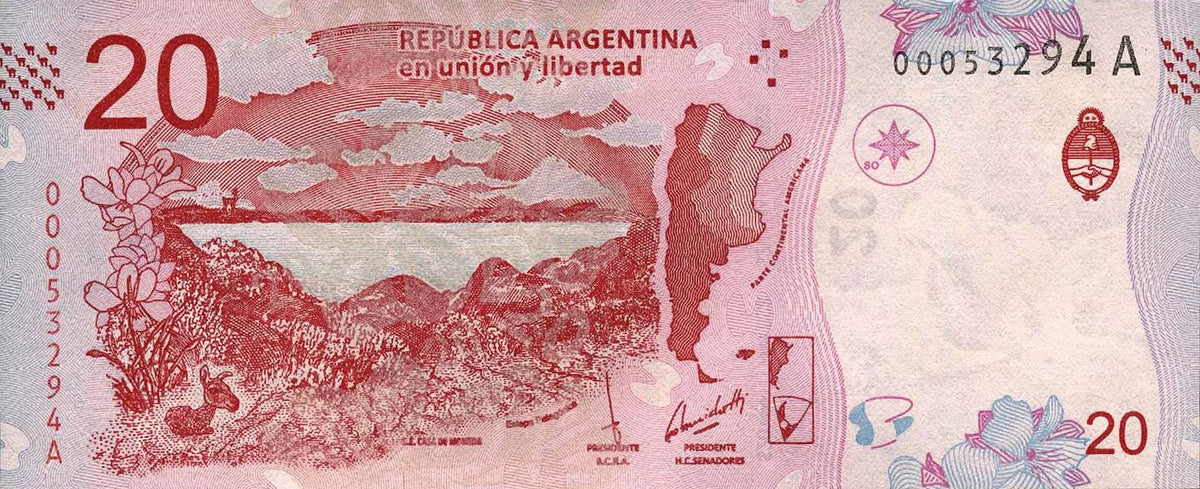 Billet de 20 Pesos Argentine Steppe de Patagonie et lama 2017