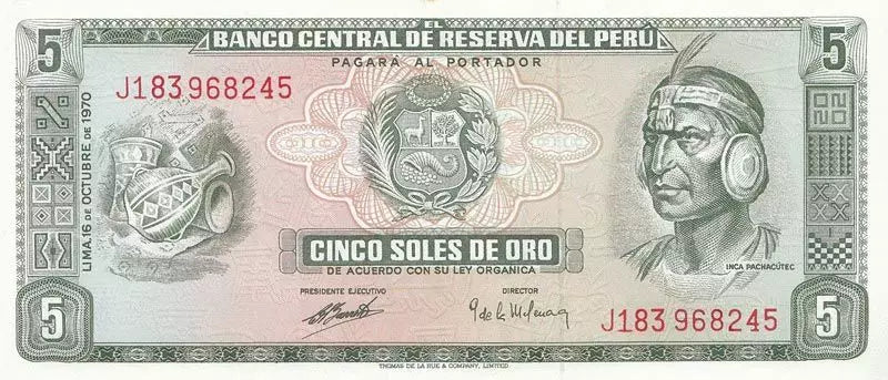 Billet de 5 Soles de Oro Pérou Règle Inca - Pachacutec Yupanqui 1970-1972