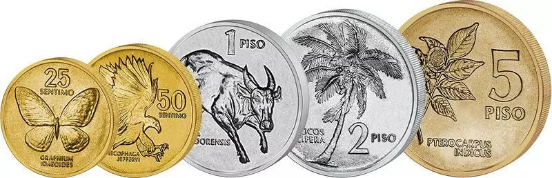 Pièces de monnaie en circulation de 25 et 50 sentimos et de 1 à 5 pesos aux Philippines, 1991-1994