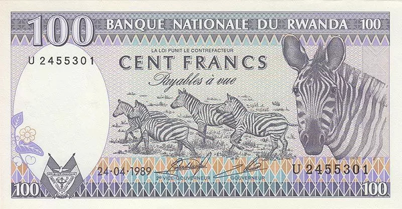 Billet de 100 francs rwandais Zèbre 1989