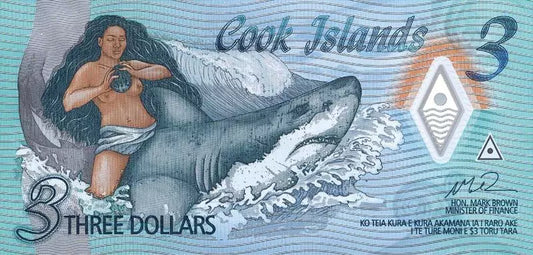 Billet de 3 dollars des Îles Cook en polymère - Nymphe chevauchant le requin 2021
