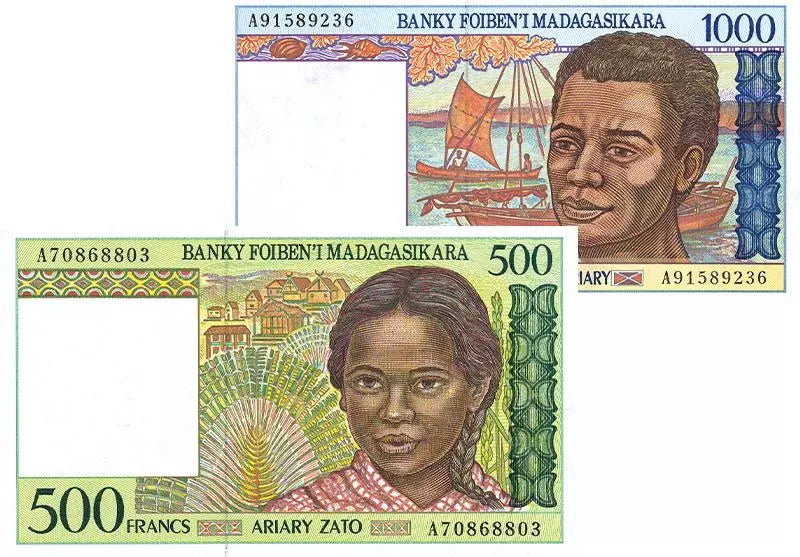 Billets de 500 et 1 000 francs Madagascar de 1994