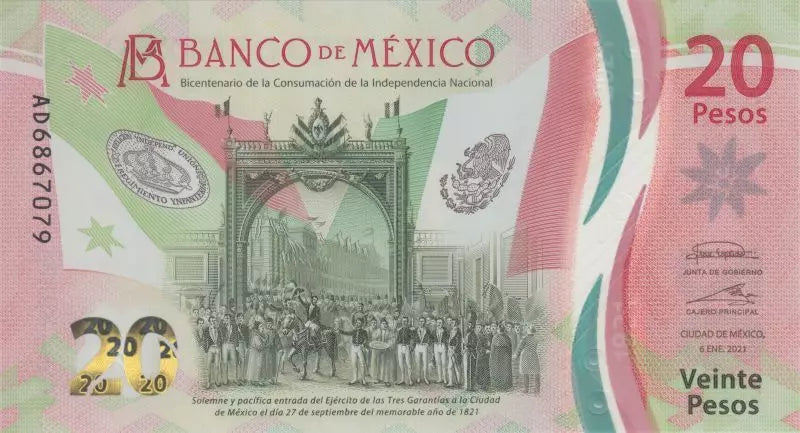 Billet de 20 pesos mexicains commémorant le 200e anniversaire de l'indépendance et l'année 2021 du Mexique