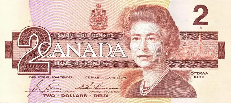Billet de 2 dollars canadiens Reine 1986
