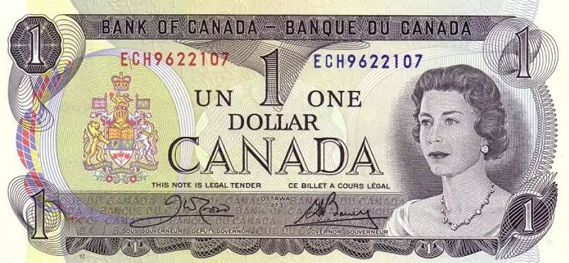 Billet de 1 dollar canadien à l'effigie de la reine Elizabeth II, 1973
