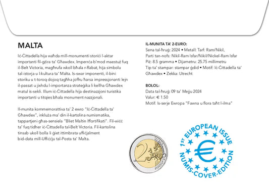 Lettre numismatique de 2 euros, Citadelle de Malte, Gozo, 2024