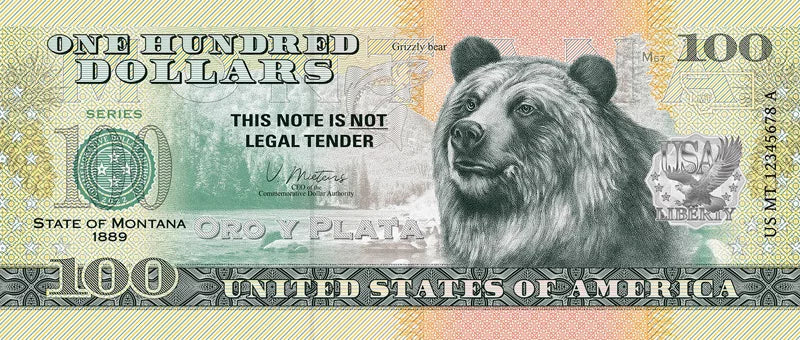Billet de 100 dollars américains – État du Montana – Ours grizzly – 2022
