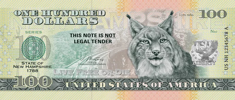 Billet de 100 dollars américains – État du New Hampshire (Lynx Rufus) 2022