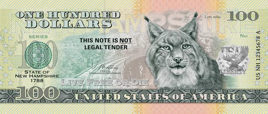 Billet de 100 dollars américains – État du New Hampshire (Lynx Rufus) 2022