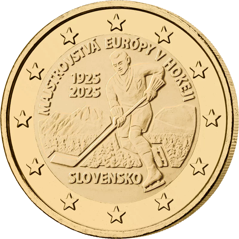 Pièce commémorative de 2 euros Slovaquie, première Slovaquie, Championnat d'Europe de hockey sur glace 2025, édition premium entièrement plaquée or
