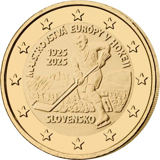 Pièce commémorative de 2 euros Slovaquie, première Slovaquie, Championnat d'Europe de hockey sur glace 2025, édition premium entièrement plaquée or