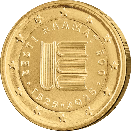 Pièce commémorative estonienne de 2 euros commémorant les 500 ans de l'imprimerie, 2025, édition premium entièrement plaquée or