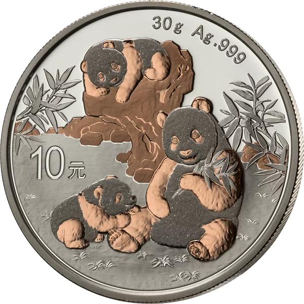 Pièce de 10 yuans représentant le Panda de Chine (édition 2025) avec application d'or et de pierres précieuses