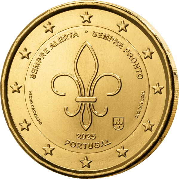 Pièce commémorative de 2 euros du Mouvement mondial des scouts et de la jeunesse du Portugal 2025, édition premium entièrement plaquée or