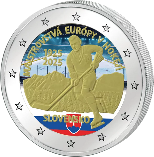 2 Euro Slovaquie 100 ans Premier tournoi sportif international Championnat d'Europe de hockey sur glace 2025 avec application couleur
