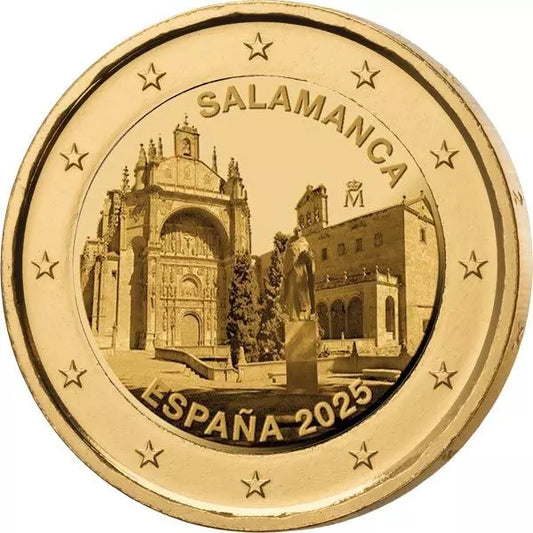 Pièce commémorative de 2 euros, Espagne, Vieille Ville de Salamanque, édition premium entièrement plaquée or