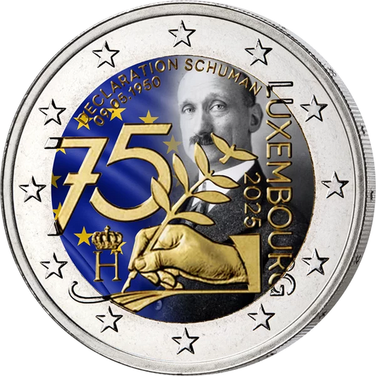 Pièce de 2 euros Luxembourg 75e anniversaire de la Déclaration Schuman 2025 avec application en couleur