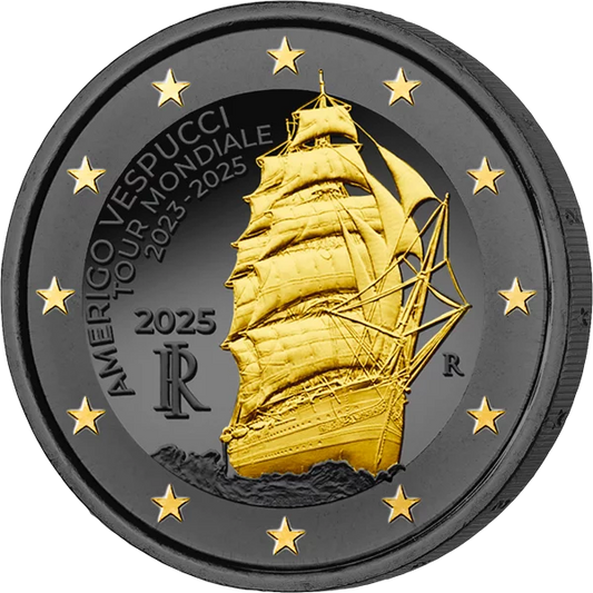 Tournée mondiale en Italie de l'édition 2025 Golden Enigma d'Amerigo-Vespucci (2 euros)
