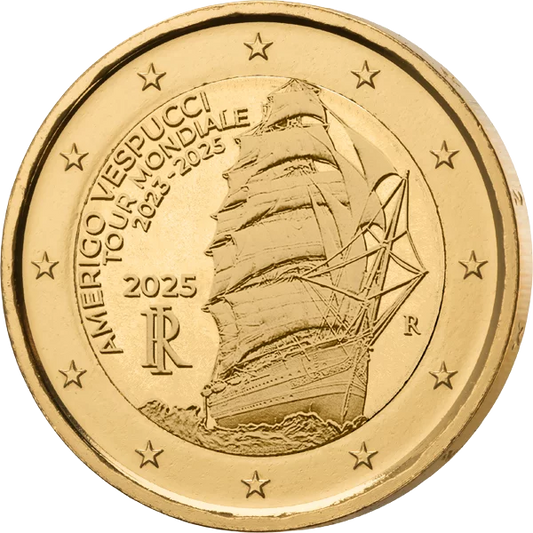 Pièce commémorative de 2 euros « Tour du monde en Italie » d'Amerigo Vespucci, édition premium entièrement plaquée or.