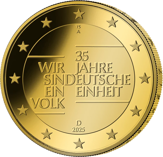 Édition spéciale artiste à 2 euros, 35 ans d'unité allemande 2025, entièrement plaquée or.