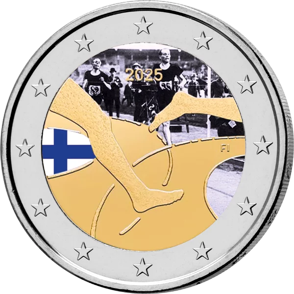2 Euro Finlande 100 Ans Compétition Athlétique Finlande-Suède 2025 avec application couleur