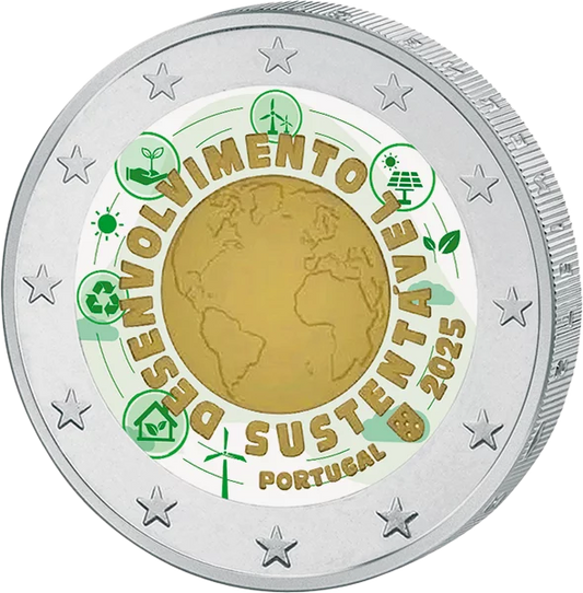 2 euros Portugal Développement durable 2025 avec application couleur