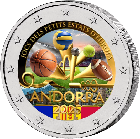 2 Euro Andorre Jeux des Petits États d'Europe 2025 avec application couleur