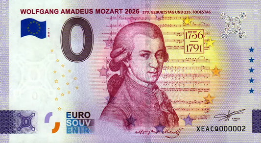 Billet de 0 euro autrichien commémorant le 270e anniversaire de la naissance et le 235e anniversaire de la mort de Wolfgang Amadeus Mozart (2026)