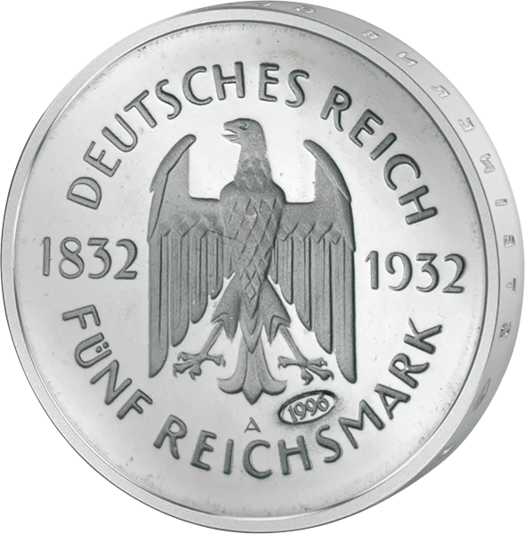 Pièce de 5 marks de la République de Weimar, commémorant le centenaire de la mort de Goethe (1932), réédition