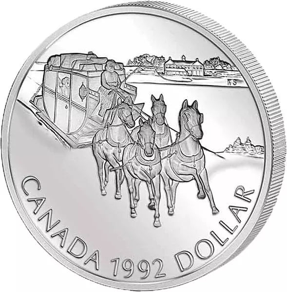 Pièce de 1 dollar canadien commémorant les 175 ans du premier voyage en diligence (1992), qualité Belle Épreuve