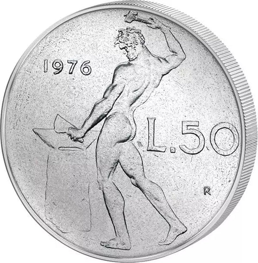 50 Lire Italie Dieu du Feu Vulcanus sur l'enclume 1954-1989